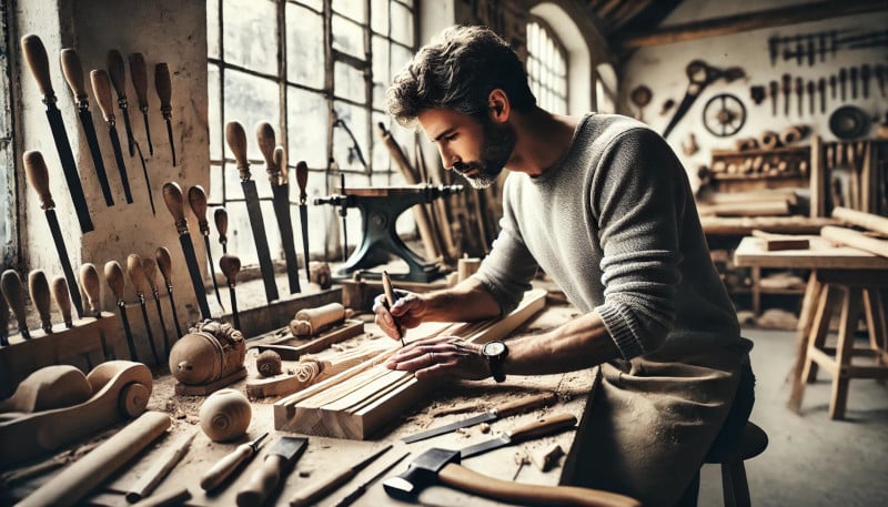 Ein kreativer Handwerker arbeitet konzentriert an einem Holzstück in seiner Werkstatt und entwickelt dabei sein volles Potenzial.
