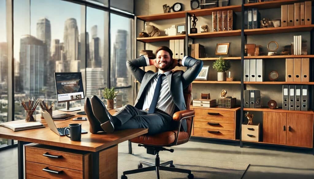 Mann in einem modernen Büro mit Blick auf die Stadt, entspannt sich auf seinem Bürostuhl – bestbezahlte Berufe ohne Studium