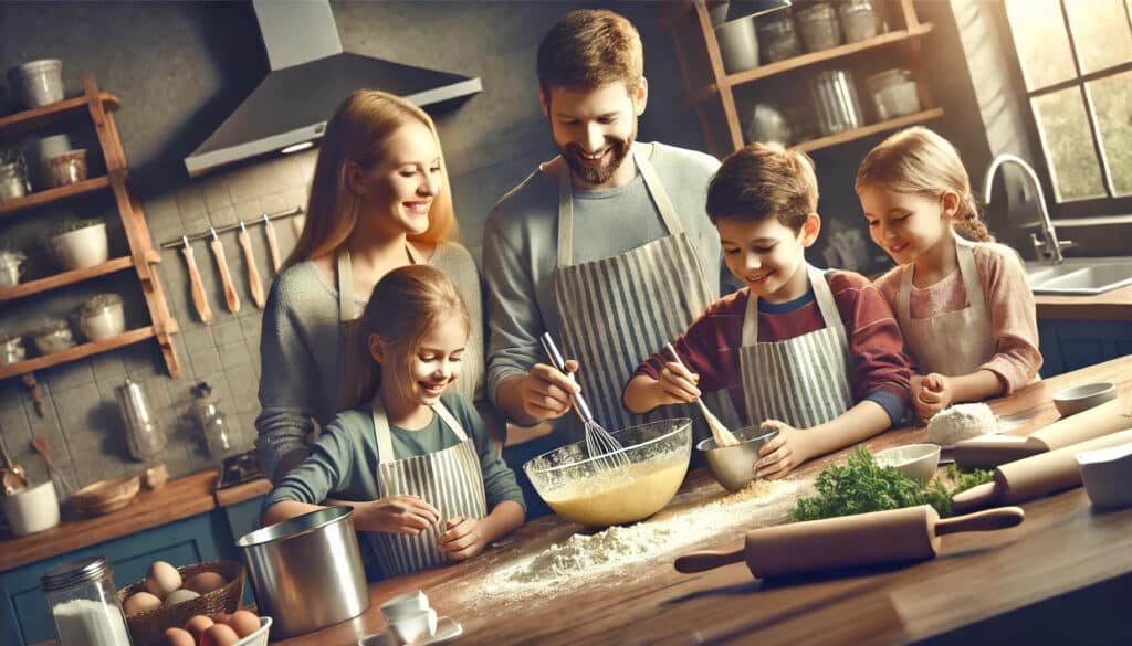 Eine Familie etalbiert eine Familientradition indem sie in einer Küche steht und gemeinsam einen Kuchen backt.