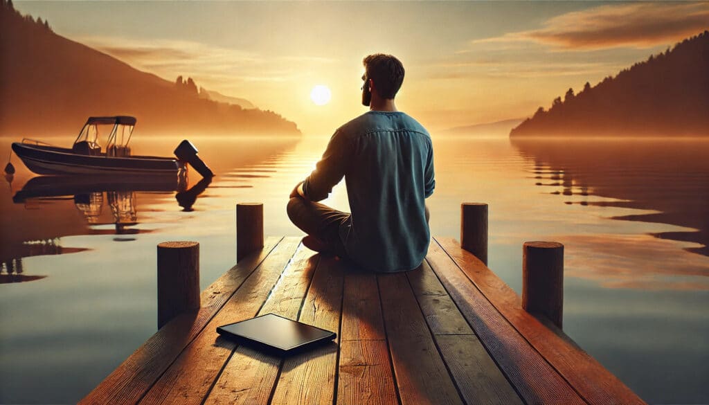 Ein Mann sitzt auf einem Steg am See und genießt den Sonnenuntergang, während sein Handy unbenutzt neben ihm liegt - ein Symbol fürs handyfasten.