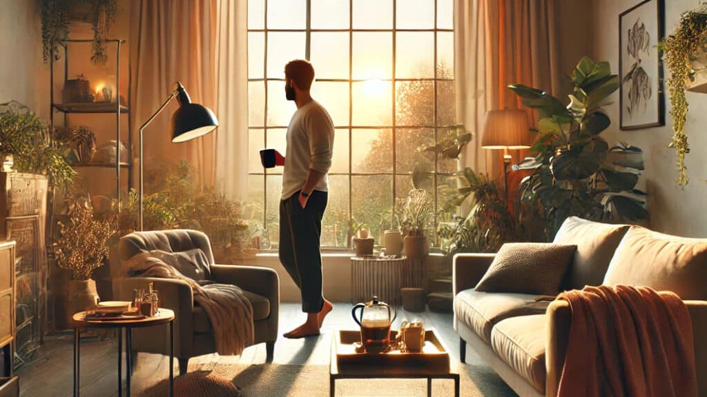 Ein Mann beginnt sein Morgenritual und steht mit einer Tasse Kaffee in der Hand in einem gemütlichen Wohnzimmer und blickt durch ein großes Fenster auf den Sonnenaufgang.