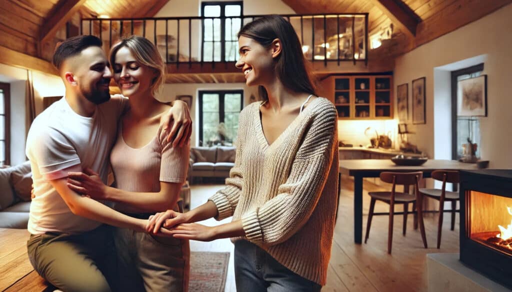 Ein glückliches Trio die eine offene Beziehung leben genießt Zeit zusammen in einem gemütlichen, modernen Wohnzimmer mit Holzelementen und einem Kamin.