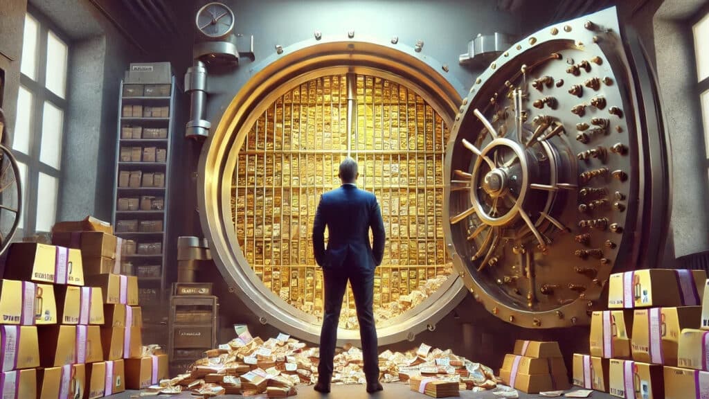 Ein Mann steht vor einem riesigen, offenen Tresorraum voller Goldbarren und Geldpaketen, die den Vermögensaufbau symbolisieren.