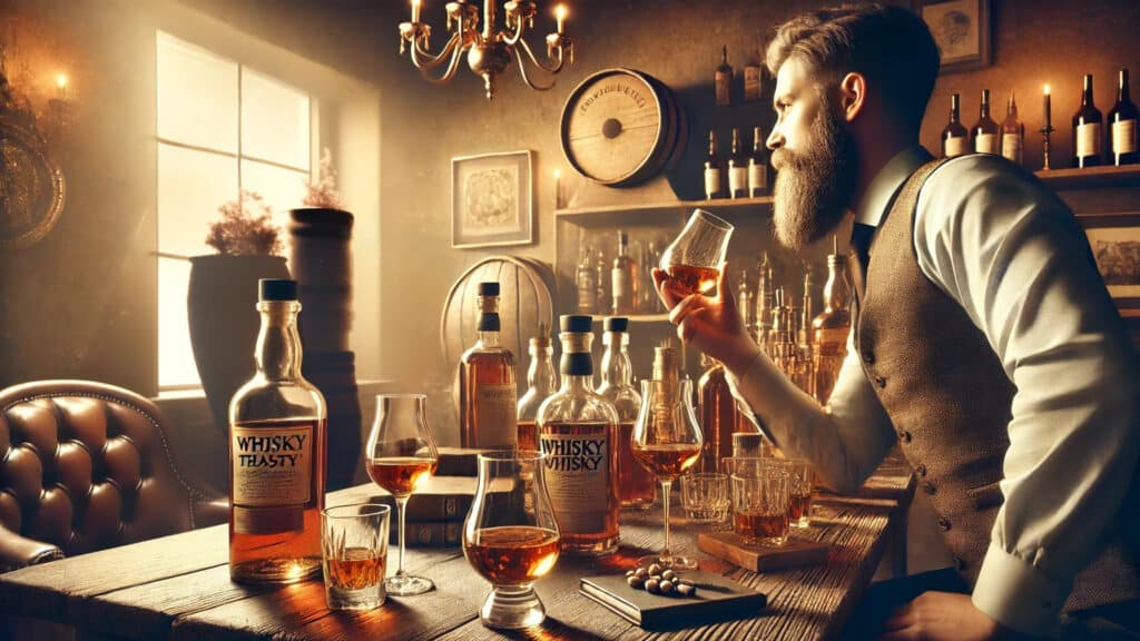 Ein Mann mit Bart und Weste genießt ein Whisky Tasting in einem gemütlich beleuchteten Raum mit verschiedenen Whiskyflaschen und Gläsern auf einem Holztisch.