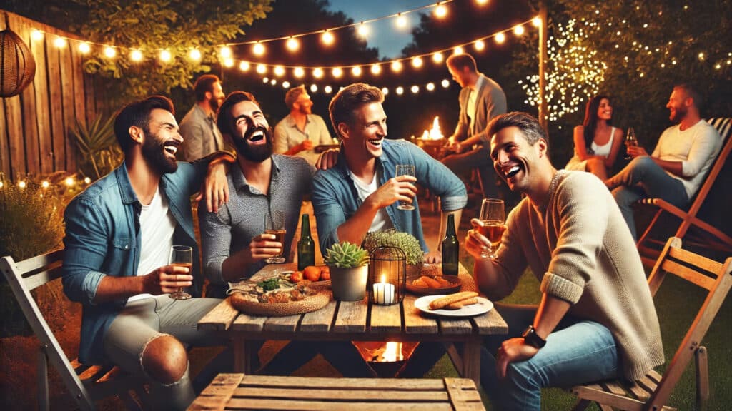Eine Gruppe von Freunden, die in einem gemütlichen Garten bei Nacht zusammen lachen und ihre Freundschaft pflegen.